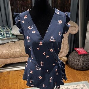 Lily White Dark Blue Floral Ruffle Blouse